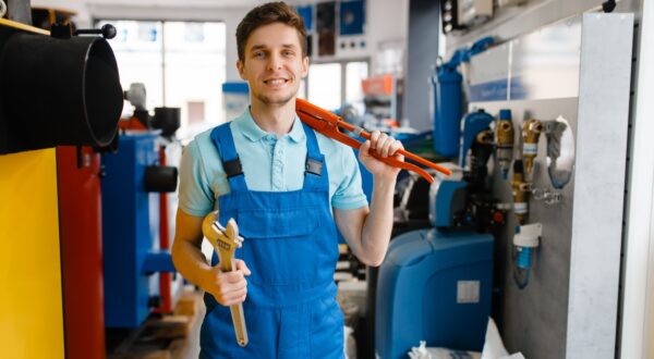 Plumber shows pipe wrenches in plumbering store