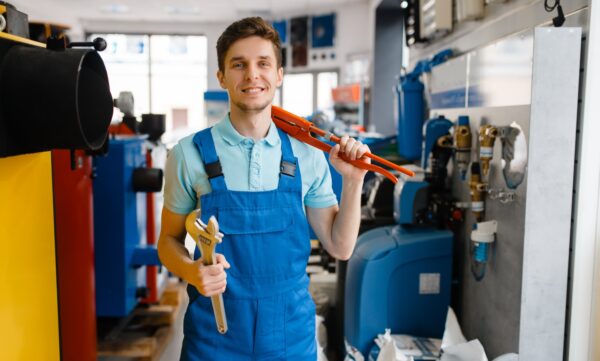 Plumber shows pipe wrenches in plumbering store