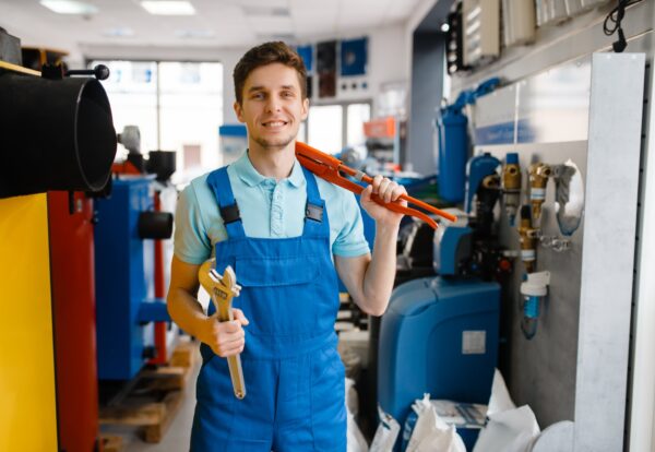 Plumber shows pipe wrenches in plumbering store