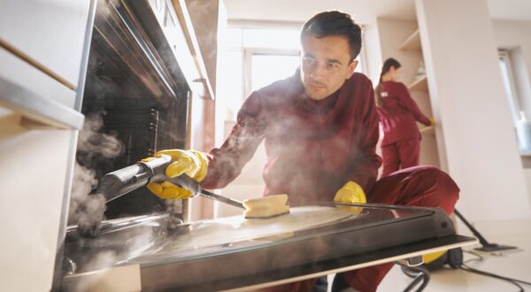 Professional janitorial personnel doing eco-friendly kitchen cleaning